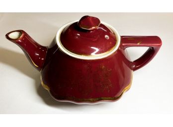 Vintage Hall Teapot Made In USA Burgundy With Ornate Gold Decor