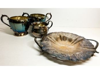 Vintage Sugar, Creamer, Platter Mixed Lot, Pewter And Silver Plated