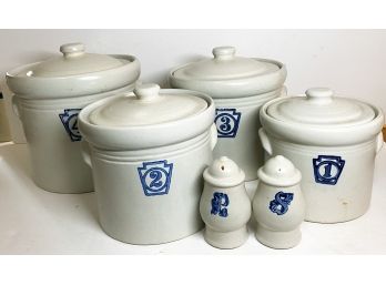 Set Of 4 Vintage 'Pfaltzgraff Yorktowne' Crocks With Additional Salt And Pepper Shaker Set