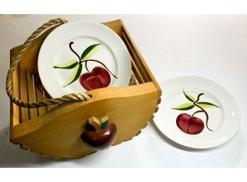 2 Apple Heritage Ware Plates And Apple Wooden Basket With Handle