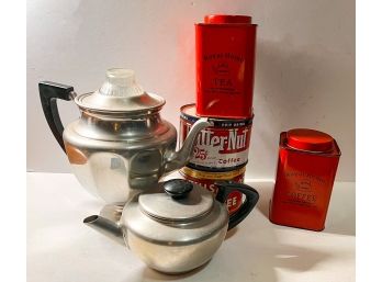 Vintage Coffee Percolator, Tea Pot And Tins Set