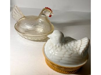 Set Of 2 Hen Dishes (avon & Indiana Glass)