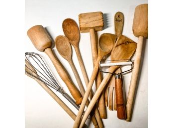 Lot Of Vintage, Wooden And Other Kitchen Utensils