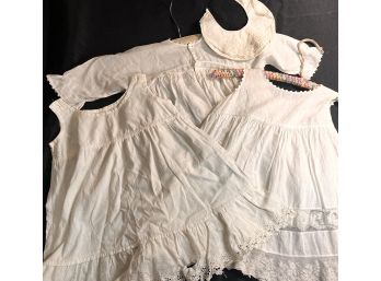Vintage Children's White Gowns And Bib, Possibly Handmade With Vintage Hangers
