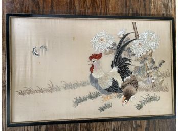 Antique Asian Silk Embroidered Wall Art Rooster Hen Fabulous