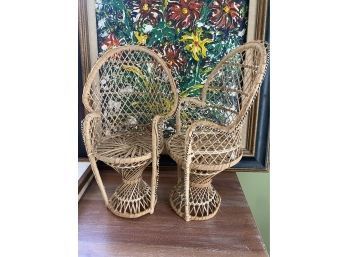 Two Mini 14 Wicker Peacock Doll Planter Stand Chairs