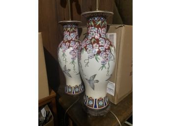 Pair Of Stunning Stiffel Asian Porcelain Hummingbird  Lamps