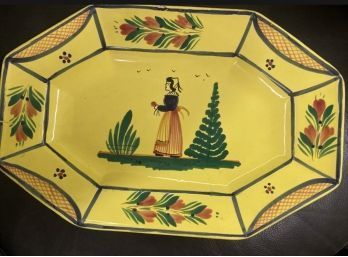 French Quimper Pottery PLATTER Soleil Yellow Breton Woman Octagon Signed Chip