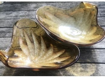 Vtg Murano Amber Freeform Large Art Glass Bowl Dish GOLD Aventurine Set Of 2