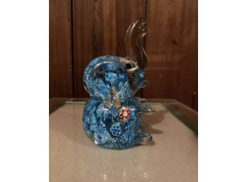 Millefiori Hand Blown Art Glass Elephant Paperweight Blue White Red Trunk Up 4 Tall