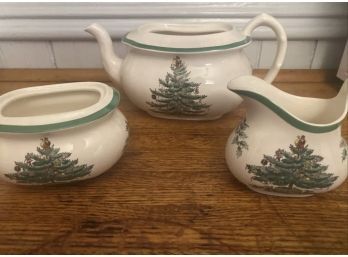SPODE Christmas Tree Tea Pot, No Acorn Lids S3324, 5 Cup Sugar Creamer Set