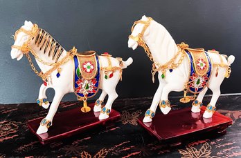 Royal White Horses, Chinese Carved Bone/ Enamel Tang Horse, 5x 5' Approximate W/ Stand