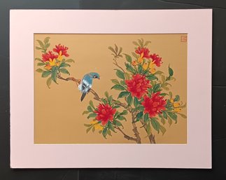 Vintage Chinese Water Color 'Fly Catcher Bird On Branch', Painting On Fabric 16.5x 21'. Artist Signed