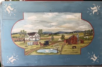 Large Vintage American Farmland Oil Painting, Mary Hoover, Painting On Wood 48x 30 Inch