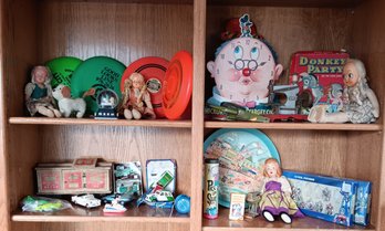 Generous Lot Of Assorted Toy Collectibles, Red Crank Sewing Mach., 2 Sonic Rangers, Rag Dolls, Pepsie Tray, &