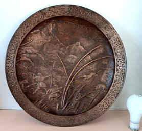 'Tiger Hunt' Large Oriental Bronze/ Brass Plate, 14 3/4' From Turn-of-the Century Meiji Era