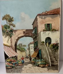 Flower Market, Early 20th Century Italian Street Scene, Painting  12x 16',  Country French Style, Signed
