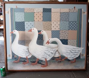 Folk Art Painting On Canvas, Walking Ducks, Signed Huntington, 47x 39 Inch