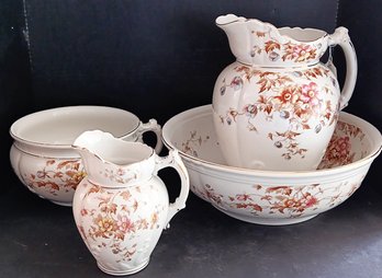 Antique 4 Piece Set, England Ironstone Wash Basin & Pitcher Set, Late 1800s, Blossoms & Flowers Decorated