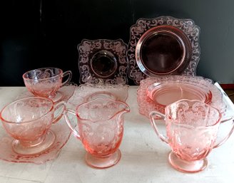 Fancy Pink Depresion Glass Dessert Set, Service For 2 W/ Extras
