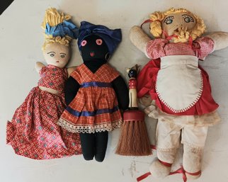 Set Of 4 Dolls: Vintage Rag Dolls, African American Cloth Doll & A  Folk Art Bellhop Whisk Broom