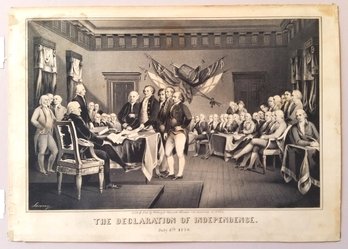Antique 1850s Lithograph 'The Declaration Of Independence' By Sarony & Major, Mat 18 By 15 Inch