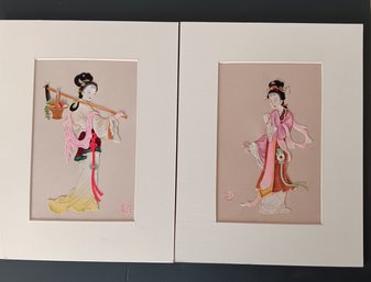 2 VintageTraditional Lady, Rare Delicate Chinese Paper Cut-out & Hand Painted, Mat 9x 12'