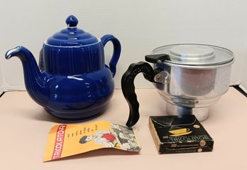 1950s Tricolator Coffee Maker W/ Blue Porcelain Tea Pot, Strainer & Filters