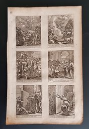Antique Single Page From 1736 Dutch Bible, 6 New Testament Illustrations, Acts / Verses. 13.5x 8.5 Inch