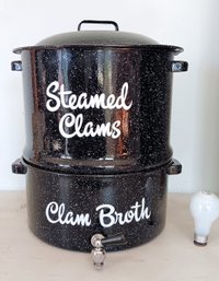 Vintage Speckled Large Enamel Double Steamed Clams Pot & Broth Pot W/ Spigot