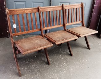 Vintage 3-Seat Folding Chair Bench, 1940 Era Meeting Hall Bench. 1st Of 4