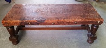 Mid 20th Century Tooled Leather Bench Or Coffee Table, 49 Inch