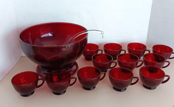 Vintage Royal Ruby Punch Bowl W/Base, Glass Ladle And 12 Cups Anchor Hocking, VG Condition