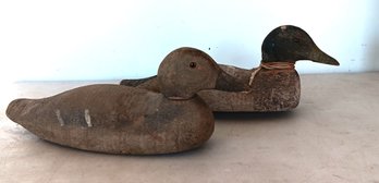 Pair Of Antique Carved Wood Duck Decoys Marked Victor, 1960s W/ Glass Eyes