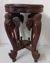 Antique Burmese Elephant Table Circa 1890, Supported By Four Elephants, Bone Decorated, 18.5' Tall