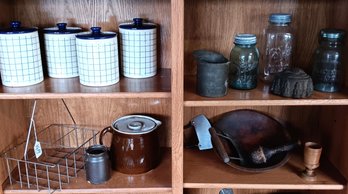 Generous Lot Of Kitchen Items: Lightning & Ball Jars, Mold, Bowl & Pestle, Choppers -List In Description