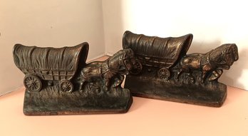 Antique Hubley  Bookends, Cast Iron No 378 Covered Wagon With Horses