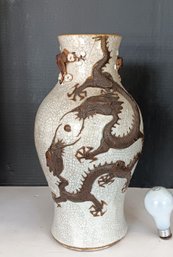 Antique Large 16' Chinese Porcelain Vase With Raised Dragon Designs