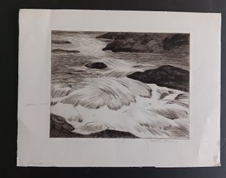Contemporary Etching Of Waves On A Sea Shore 'RAPIDS' Signed Walter Lansing, 7x 9'