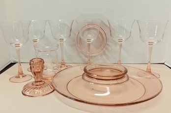 Pink Depression Glass Stemware And Additional Pieces