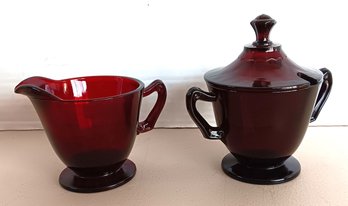Anchor Hocking Ruby Glass Creamer And Sugar With Lid