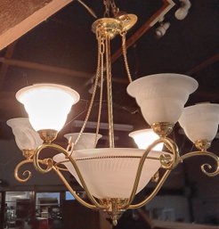 Modern Brass Fixture W/ Faux Marble Alabaster Glass Shades, Italian Empire, All Lites Working, 30x 30'