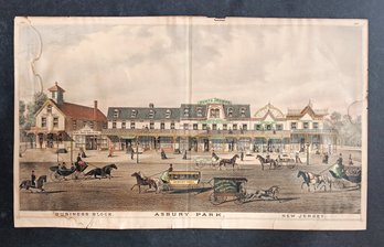 Original 1878 Hand Colors Engraving 'Asbury Park, Business Block' Monmouth County NJ,  Staining Noted 13x 21.5