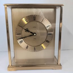 ANGELUS BALFOUR Brass & Glass Shelf Mantel Clock, Swiss Quartz,