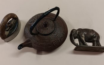 Lot Of Antique Metal Items, Sad Iron, Asian Tea Pot, Elephant Book End