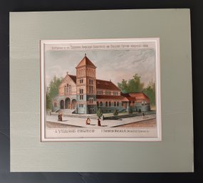 Vintage 1886 Hand-Colored Print Of A Church, Elmira NY, Mat  14x 16 Inch