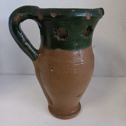 Antique 1900 French Glazed Terra Cotta Pitcher / Vase, Puzzle Pitcher