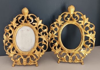 Antique Art Nouveau Cast-iron Gold-paint Ornate Picture Frame, Oval W/ Easel Back
