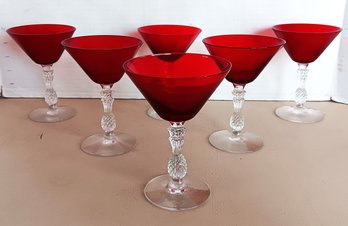 Set Of 6 Vintage Red (Ruby) Champagne Glasses W/ Pineapple Stems, Morgantown 6'