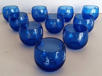 Set Of 10 Roly Poly Cobalt Blue Glasses With White Sail Boats, Hazel Atlas Company